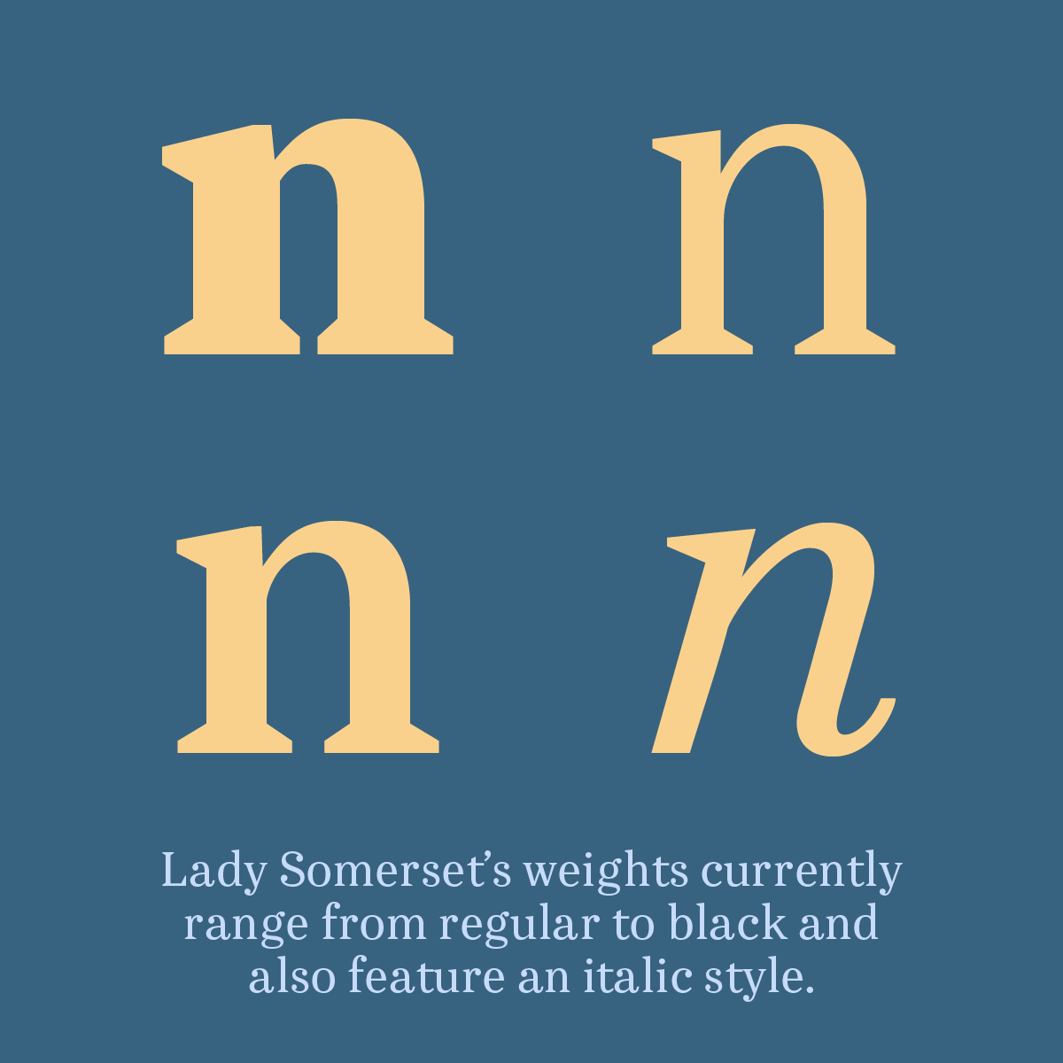 Lady Somerset's weights currently range from regular to black and also feature an italic style. The letter n in each style is displayed.